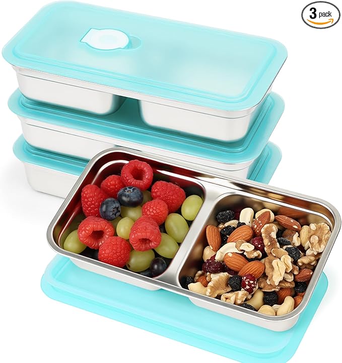 YQL 4 Pack Stainless Steel Snack Containers with Lids, Double Compartment Food Storage Boxes for Lunch Prep, Reusable Leakproof Bento Snack Boxes for Travel, Office, Camping