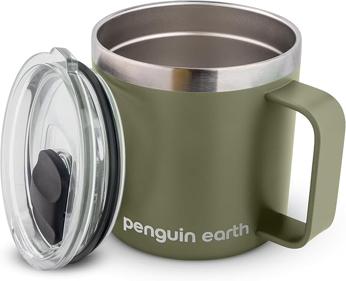 14 oz. Camping Mug with Lid, Coffee Mug. Travel Cup, Powder Coated, Vacuum Insulated, Stainless Steel, BPA Free. Travel Tumbler Cup, Dishwater safe (Green)