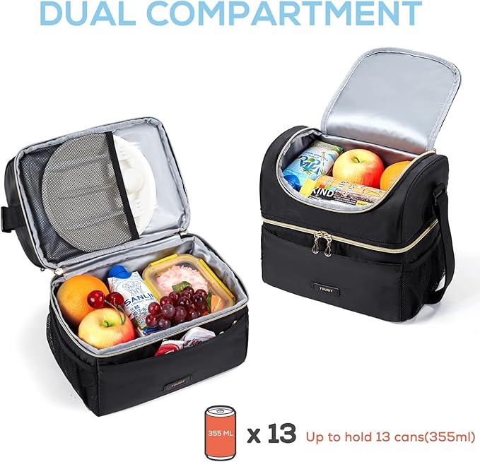 TOURIT Insulated Lunch Bag with Dual Compartment, Leakproof Cooler Tote for Work Office Picnic, Thermal Food Container Black