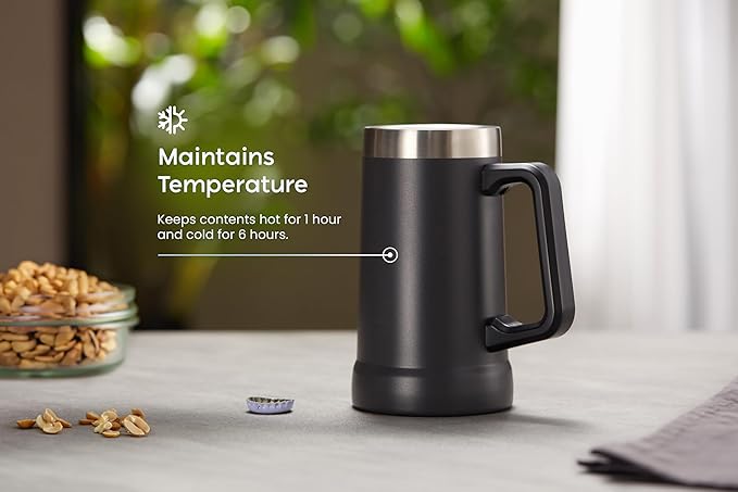 KooK Beer Stein, Stainless Steel Coffee Mug, Tumbler with Thermal Vacuum Insulation, Big Grip, Adventure, Double Walled Drinking Cup, Large Handle, Shatterproof, Storm Grey, 24 oz