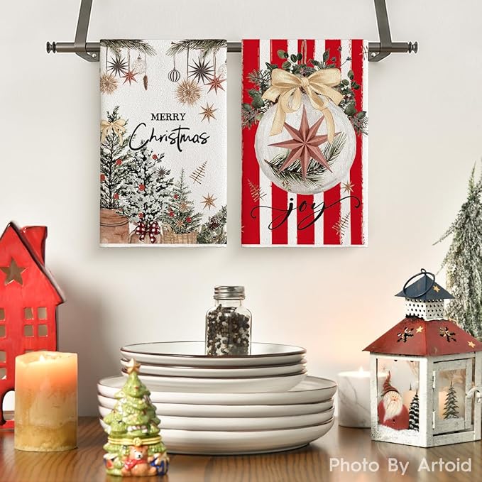 Artoid Mode Red Xmas Tree Merry Christmas Kitchen Towels Dish Towels, 18x26 Inch Holiday Gloves Ball Hello Winter Decoration Hand Towels Set of 4