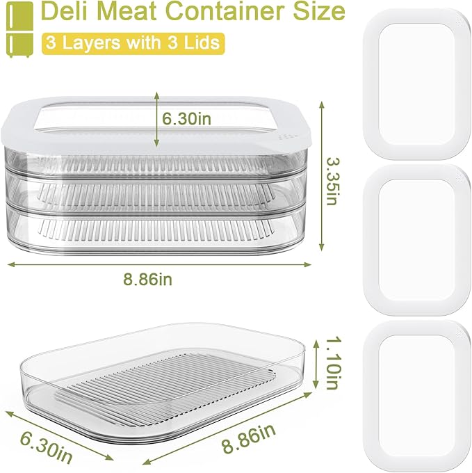 3 Pcs Deli Meat Container for Fridge, Stackable Bacon Lunch Meat Container for Refrigerator, Food Storage Boxes with 3 Lids for Cold Cuts, Cheese, Lunchmeat, Salami, Meal Prep Containers