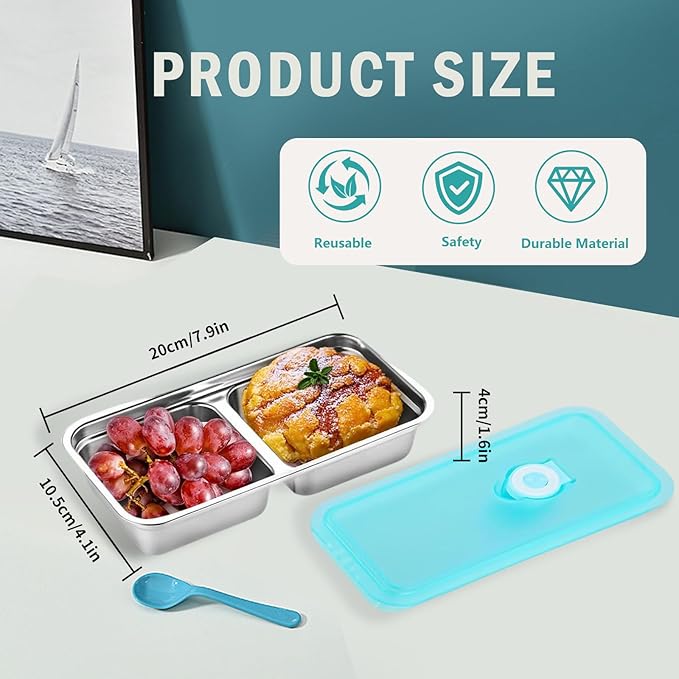 Reusable Stainless Steel Snack Containers with Lids,Double Compartment 2 Condiment Containers,Grab and Go Divided Snack Food Storage for Kids Adults, Sauce Cups for School, Trave (2)