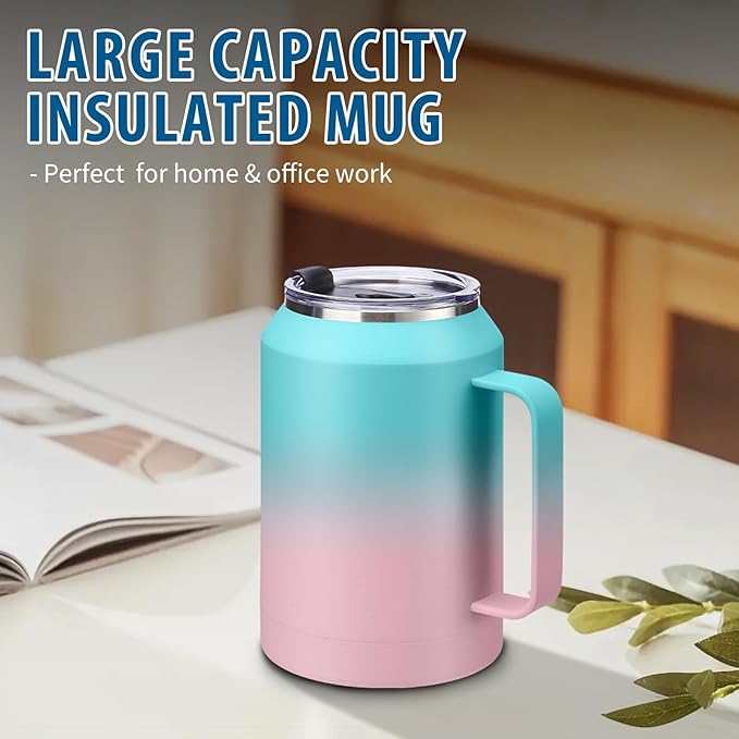 32oz Coffee Tumbler with Handle and Straw - Drink Lid & Protective Cup Mat, Stainless Steel Double Wall Insulated Tumblers, 32 oz Water Bottle Keep Cold 36 Hot 24 Hrs, Home Office Work Extra Large Mug