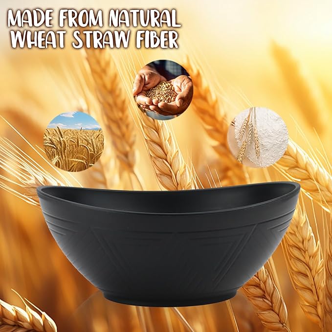 Wrova Big Wheat Straw Bowls,Unbreakable Large Salad Bowls,Dishwasher and Microware Safe Plastic Bowls Reusable,Kitchen Bowl Set for Salad,Cereal,Soup and Oatmeal.Black and White