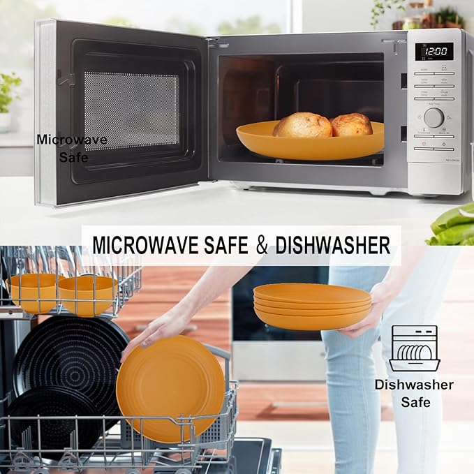 28-Piece Wheat Straw Dinnerware Sets, Microwave & Dishwasher Safe Unbreakable Dinnerware Set, Reusable Dishware Sets, Lightweight Camping Dishes, Plates, Cups, Cereal Bowls for 4(Yellow Orange)