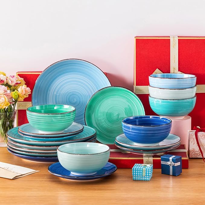 vancasso Bonita Dinnerware Set Blue Stoneware 18 Pieces Service for 6, Handpainted Spirals Pattern Stoneware Plates and Bowls Set
