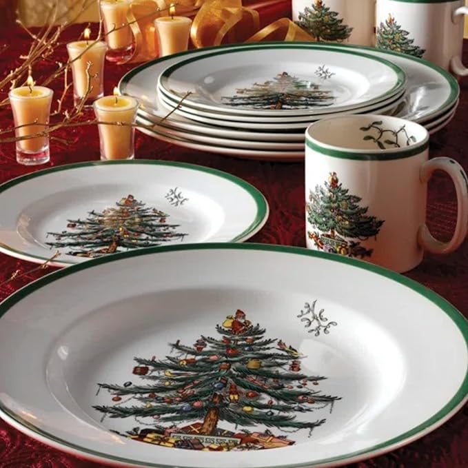 Spode Christmas Tree 12-Piece Melamine Dinnerware Set - Seasonal Dinnerware for Holiday Gatherings, Service for 4, Dishwasher Safe with Festive Christmas Tree Motif, Shatterproof & Durable Dishes