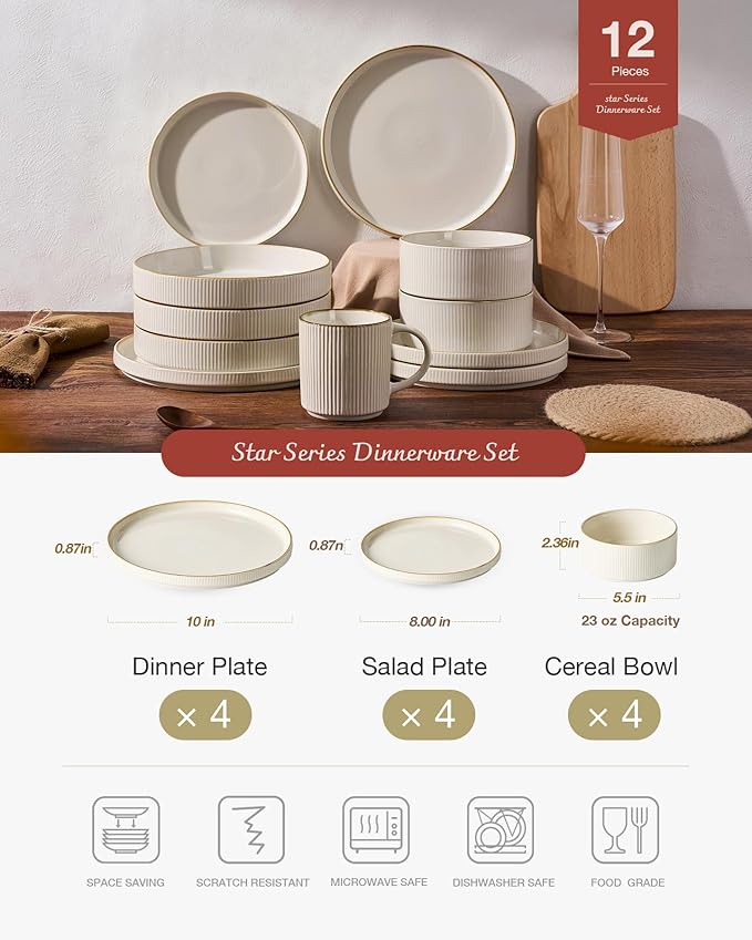 Famiware Star Dinnerware Set, Plates and Bowls Sets for 4 (12pcs), Ribbed Stoneware Dishes - Chip & Scratch Resistant, Microwave & Dishwasher Safe Tableware, White