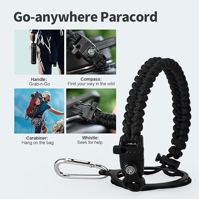 24 oz Insulated Water Bottle with Straw (Cold for 48 Hrs), Stainless Steel Triple Wall Vacuum Sports Water Jug, Leakproof Hydro Cup Flask with Paracord Handle & Straw Spout Lids & DIY Stickers