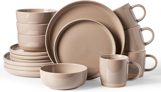 Famiware Milkyway Dinnerware Set with Mugs, Service for 4 (16pcs), Ribbed Stoneware Plates and Bowls Dishes Sets - Chip & Scratch Resistant, Microwave & Dishwasher Safe, Cinnamon Brown