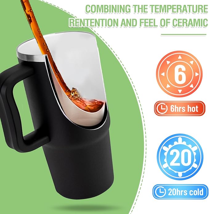 Zukro 24 oz Ceramic Lined Insulated Tumbler with Handle and Straw, No Metal Taste or Smell, Travel Coffee Mug with Spillproof Lids, No Sweat Stainless Steel Cup, Dishwasher Safe