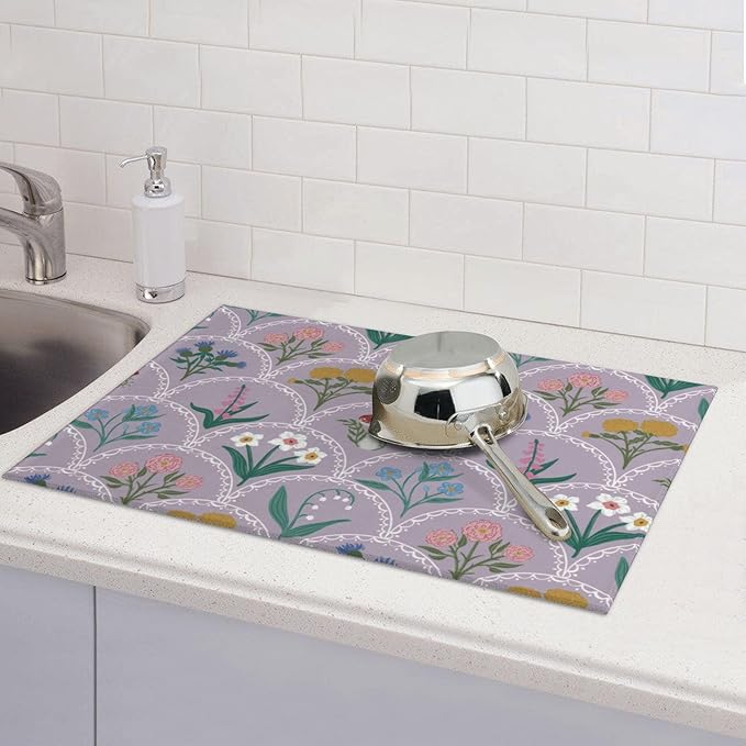 Vintage Flowers Dish Drying Mat 18x24 Inch, Microfiber Absorbent Fast Dry Mat Mushroom Floral Large Dish Mat Drying Kitchen Mat, Kitchen Drying Pad for Kitchen Counter Coffee Bar Decor Gifts