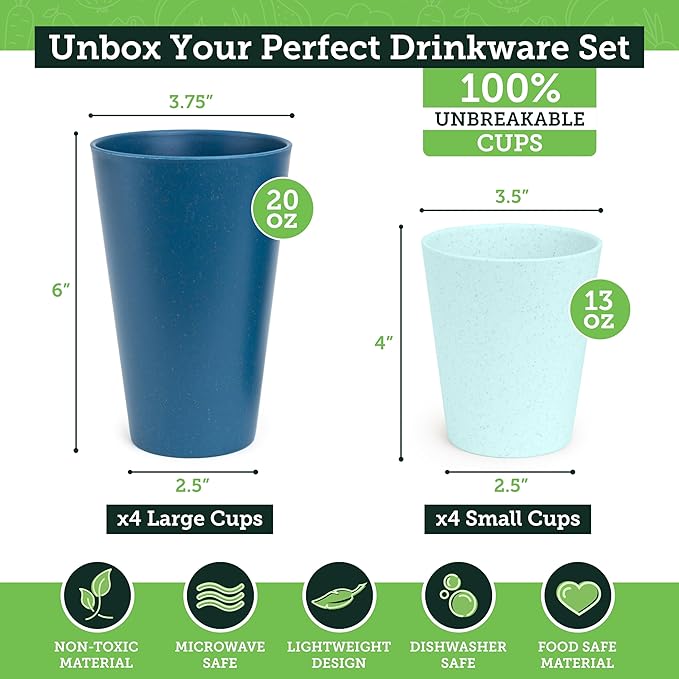 Grow Forward Premium Wheat Straw Cups - 13 & 20 oz Unbreakable BPA Free Hard Plastic Cups – Reusable Lightweight Plastic Drinking Glasses for Kitchen, Outdoor, Water, Camping, RV - Seascape