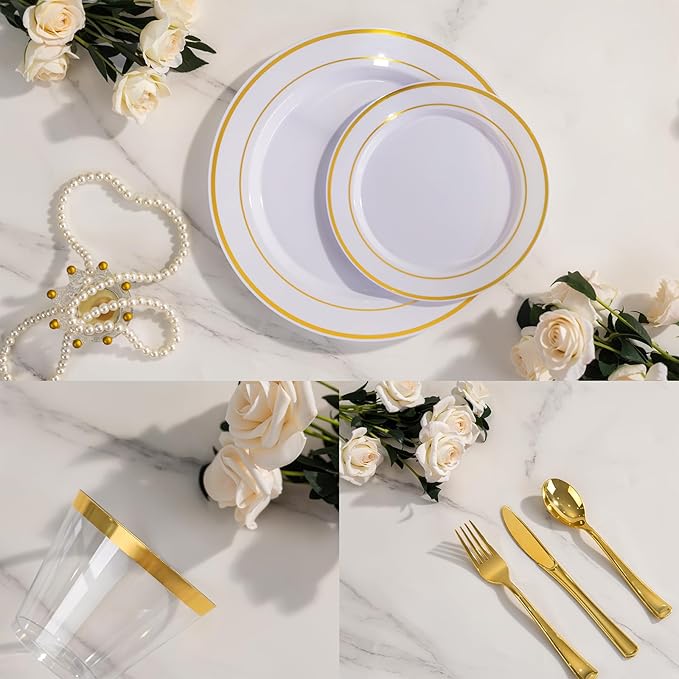 WELLIFE 600 PCS Gold Disposable Dinnerware Set for 100 Guests, Gold and White Plastic Plates for Party, 100 Each-Dinner & Salad Plates, Cups, Forks Knives Spoons for Wedding and Party
