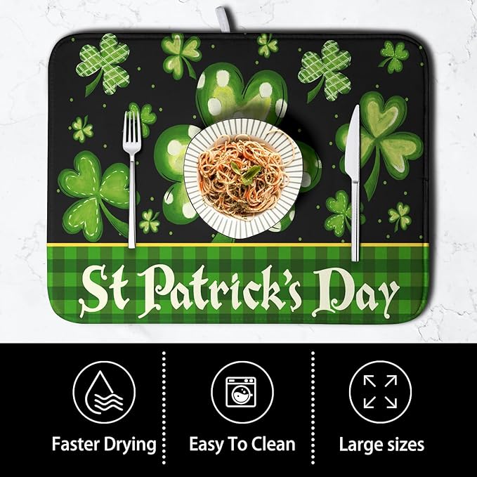 St Patrick's Day Dish Drying Mats for Kitchen Counter 16x18 Inch Lucky Clovers Shamrock Green Buffalo Plaid Drying Mat Microfiber Absorbent Dish Drying Pad Dish Drainer Rack Mats for Kitchen Sink