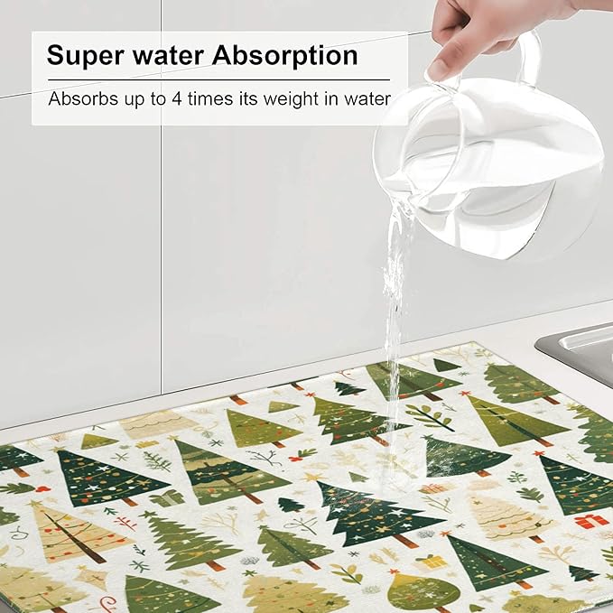 Christmas Tree Dish Drying Mat for Kitchen Counter Microfiber Super Absorbent Non-Slip Dish Drying Pad for Countertops Dishes Utensils Stylish Quick-Dry Machine Washable 18x24 Inch