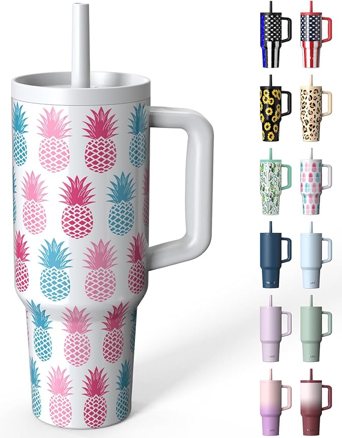 TILUCK 40 oz Tumbler with Handle, Vacuum Insulated Stainless Steel Travel Mug with 100% Leak-Proof Silicone Straw Lid, Cupholder Friendly Water Bottle(Pineapple, 40oz)
