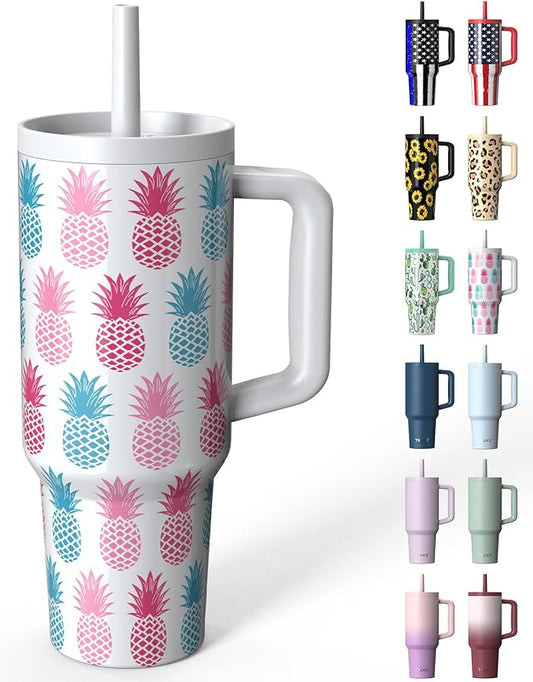 TILUCK 40 oz Tumbler with Handle, Vacuum Insulated Stainless Steel Travel Mug with 100% Leak-Proof Silicone Straw Lid, Cupholder Friendly Water Bottle(Pineapple, 40oz)