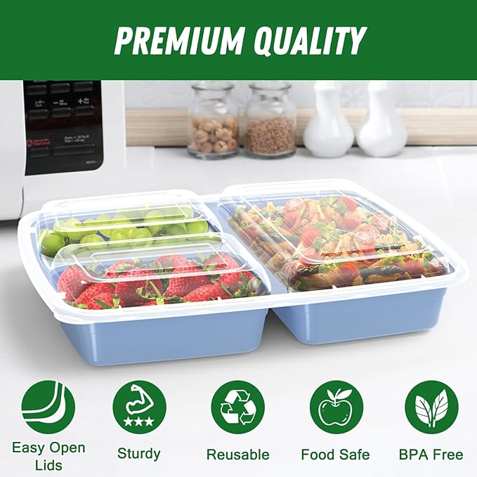 50 Pack (100-Piece) 32 oz Meal Prep Containers Reusable with Lids 3-Compartment, To Go Take Out Plastic Food Storage Containers, Sturdy Leakproof Food Safe, Microwave Freezer Dishwasher Safe, Blue