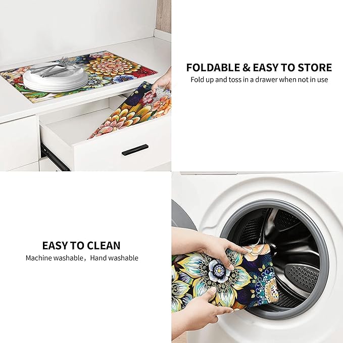 Boho Floral Dish Drying Mat for Kitchen Counter, 18 x 24 Inch Microfiber Dish Mats for Drying Dishes, Absorbent Large Dish Drying Pad Mandala Rack Mat Kitchen Decor