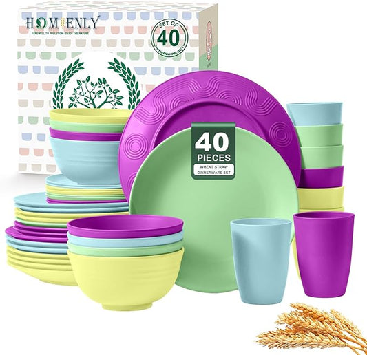 Homienly 40-Piece Kichen Dinnerware Set, Wheat Straw Dinnerware Set, Plates, Bowls, Drinking Cups, Service for 8, Dishwasher & Microwave Safe Dish Set, Unbreakable Plates and Bowls Set - Memphis