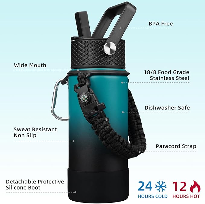 BJPKPK Water Bottle with Straw Lid, 18oz Insulated Water Bottles with 3 Lids, Paracord Handle & Non-slip Boot, Metal Stainless Steel Thermo, BPA Free Leak Proof Cups, Tumblers,Army Green & Black