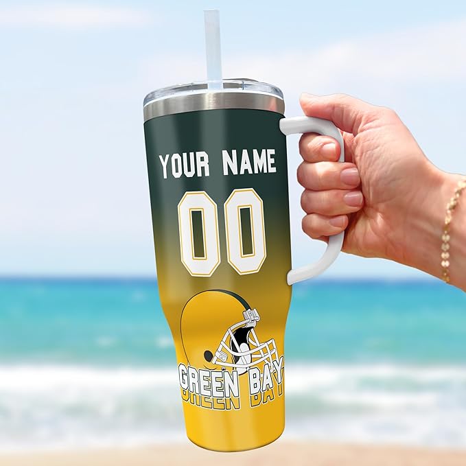 Custom 40oz Football Stainless Steel Tumbler with Handle & Straw, Personalized Insulated Travel Mug, Add Name & Number Cup, Sports Fan Game Day Gift (Green Bay-01)
