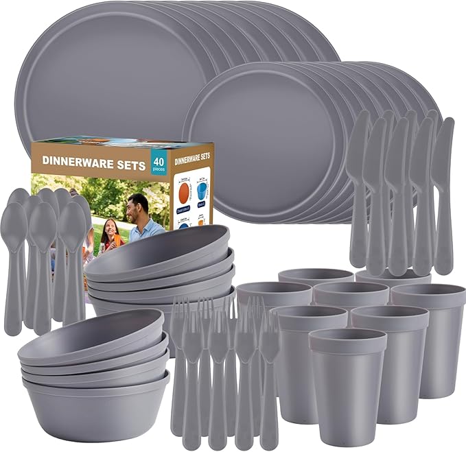 40 Piece RV and Camping Dinnerware Set, Microwave Safe Plates and Bowls Set for 8 with Cutlery, Lightweight & Unbreakable, The Perfect Melamine Alternative Gray