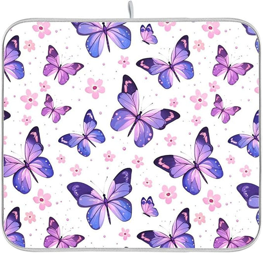 Pink Purple Butterfly Flower Dish Drying Mat for Kitchen Counter Absorbent Dish Drainer Mats Drying Pads 16"x18"