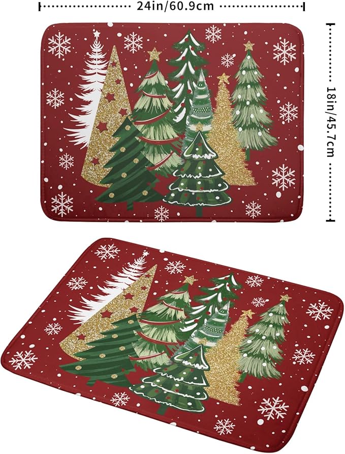 Christmas Dish Drying Mats 18x24, Farmhouse Gold Green Red Xmas Pine Trees Winter Holiday Washable Microfiber Absorbent Dishes Drainer Rack Pad for Coffee Machine Bar Sink Counter