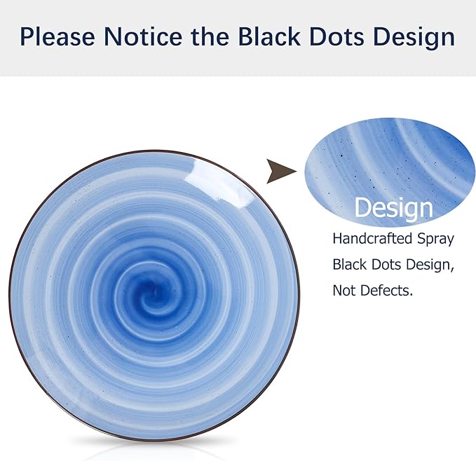 Selamica Ceramic Dinnerware Sets, 12 Pieces Plates and Bowls Sets, Scratch Resistant Dishes Set for 4, Handpainted Swirl Dishware Sets with Spray Black Dots, Dishwasher&Microwave Safe, Gradient Blue