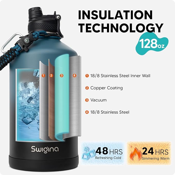 [2-IN-1 LID] Gallon Insulated Water Bottle with Silicone Boot (48hrs Cold/24hrs Hot) - DIY Stickers, Leakproof, BPA Free, 128 oz