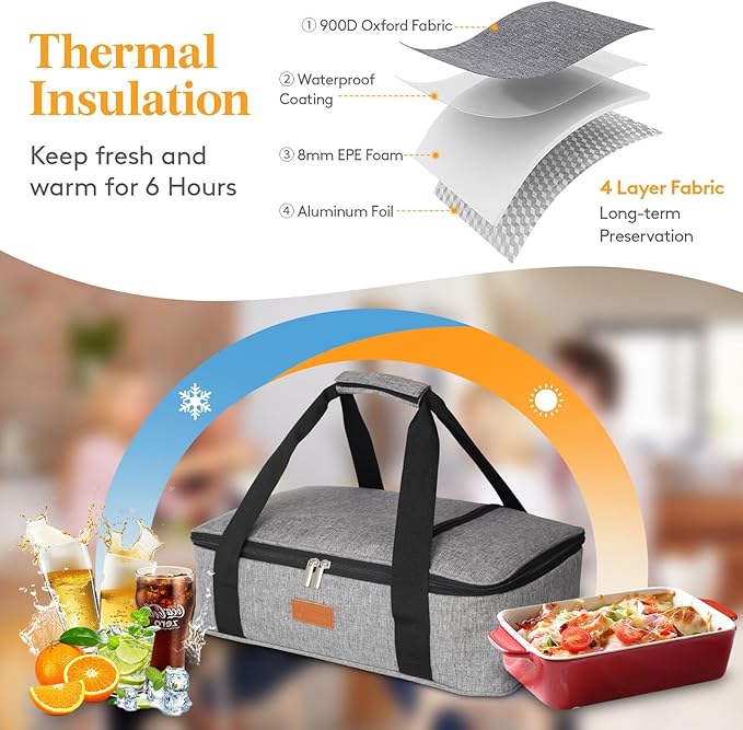 Casserole Carrier for Hot or Cold Food, Expandable Insulated Bag, Perfect Lasagna Holder Tote for Potlucks, Picnics, Beaches, Traveling, Fits 15.7" * 11" Baking Dish, Lunch Bag Gray (1PC)