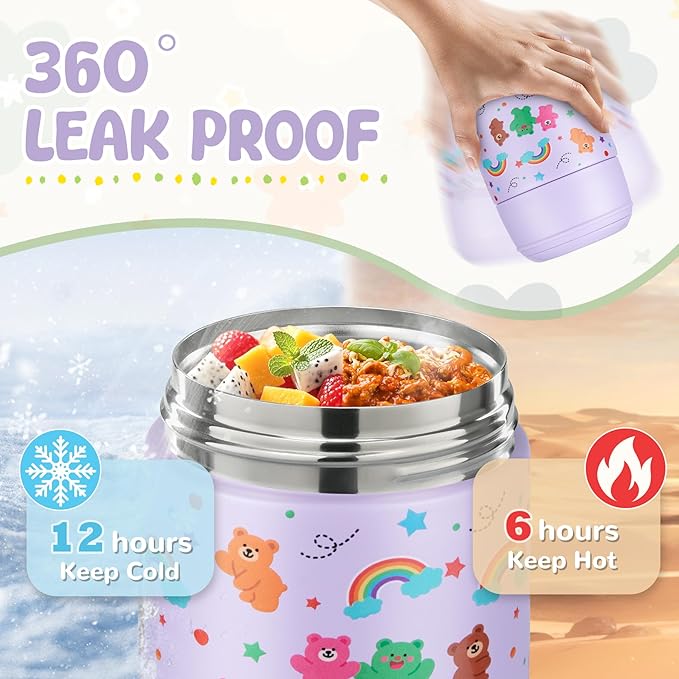 10oz Soup Thermo for Hot Food Kids Insulated Food Jar with Spoon Wide Mouth Stainless Steel Lunch Container Leak Proof Vacuum Food Box for School Travel Picnic Purple Bear