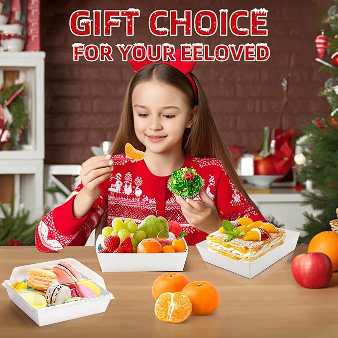 100 Pack Small Paper Charcuterie Boxes with Clear Lids, Modern Minimalist Square Dessert Boxes for Food Containers, 5.32" L * 4.92" W 2.56" H