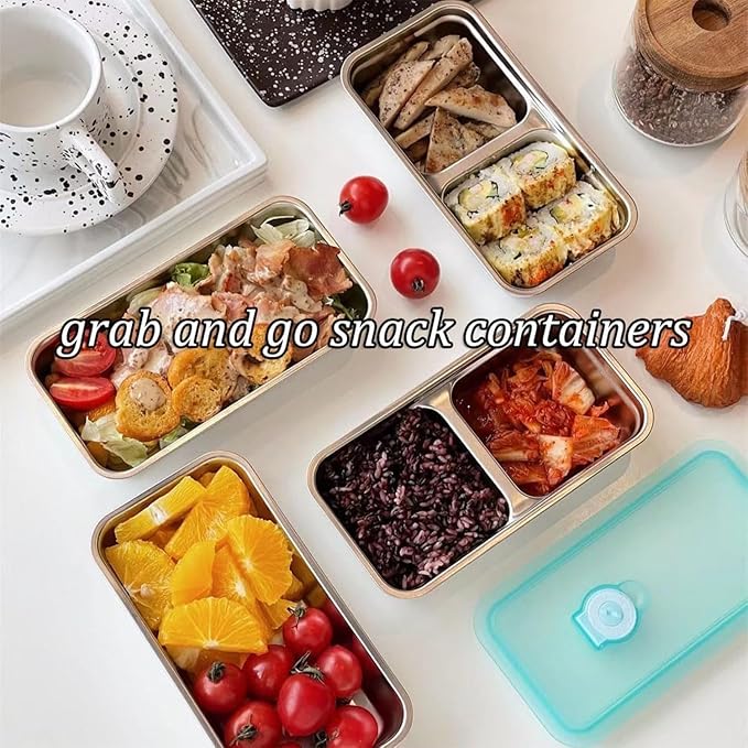 Stainless Steel Snack Containers - 2 Compartment Bento Box with Lids, Dishwasher-Reusable Storage Containers for Snacks, Dips, Fruits, Leak Proof, Travel, Camping (Includes Spoon & Fork)