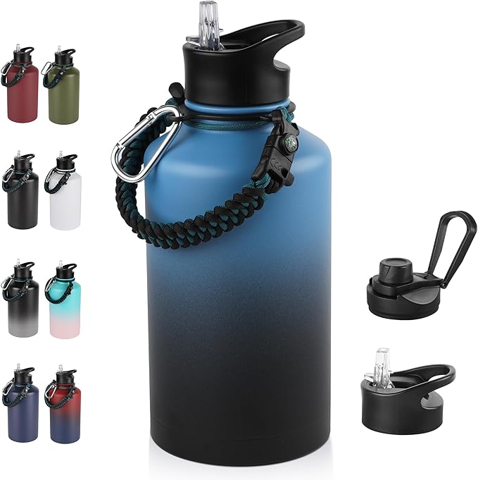 64 oz Insulated Water Bottle with Straw & Spout Lids, Stainless Steel Metal Half Gallon Water Jug with Paracord Handle, Double Wall Vacuum, Leakproof, Keep Drinks Cold & Hot, Blue Black Gradient