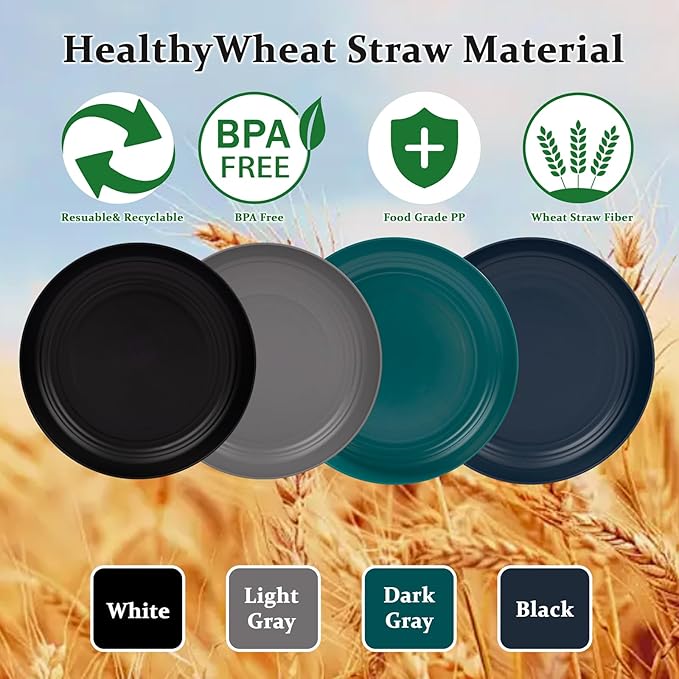 Supernal 10" Wheat Straw Dinner Plates,Reusable&Durable Plastic Plates Dishwasher Safe,16-Pack (4 Black, 4 Dark Green, 4 Dark Blue, 4 Dark Gray), Versatile Tableware for Modern Dining and Outdoor Use