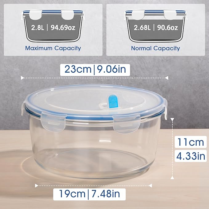 2.8L Glass Food Storage Containers Set, Round Meal Prep Containers, Glass Bowls With Lid
