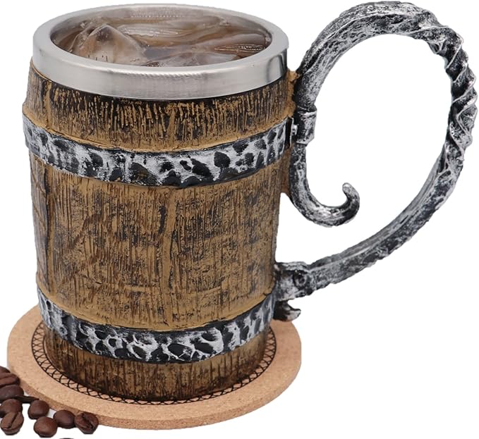Wooden Barrel Mug Stein Tankard,Stainless Steel Drinking Mug with Handle,Norse Viking Mythology Poetic Gothic Decor Party Decoration Drinkware Gift for Men(Barrel)