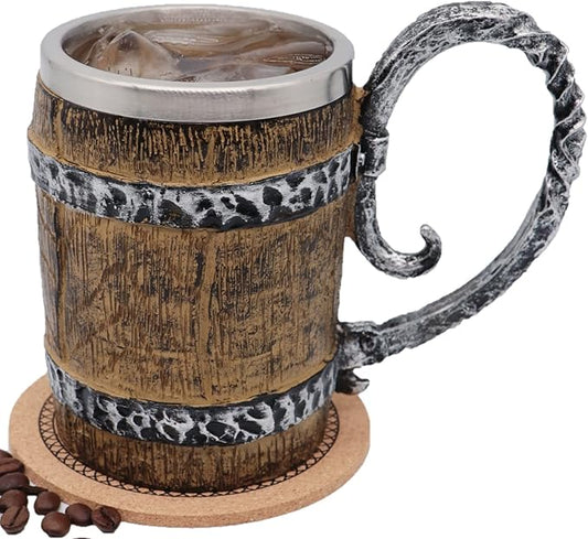 Wooden Barrel Mug Stein Tankard,Stainless Steel Drinking Mug with Handle,Norse Viking Mythology Poetic Gothic Decor Party Decoration Drinkware Gift for Men(Barrel)