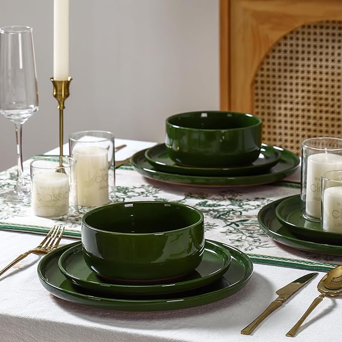 GZG Modern Art Series - 24 Pcs Speckled Stoneware Plates and Bowls Sets, Ceramic Dinnerware Set with Rustic Terracotta Underside, Microwave and Dishwasher Safe Handcrafted Dishes Set - Verdant Green