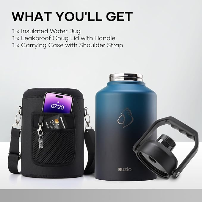 BUZIO 1 Gallon Water Bottle Insulated, (Cold for 48 Hrs) 128oz Large Stainless Steel Water Jug, 3.58in Big Wide Mouth Leak Proof Metal Flask with Carrying Sleeve for Camping,Gym, Hiking, Indigo Crush