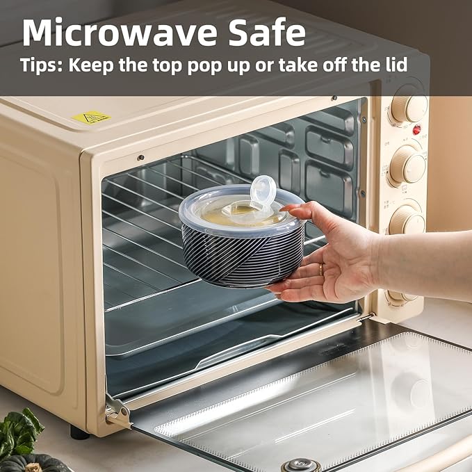 Ceramic Nesting Bowls with Lid: Microwave Safe Food Storage Containers for Work Lunch Picnic Camping Meal Prep Soup Salad Cereal Leftovers - 5 & 6 Inch, 20 & 32 oz, Set of 4, Navy