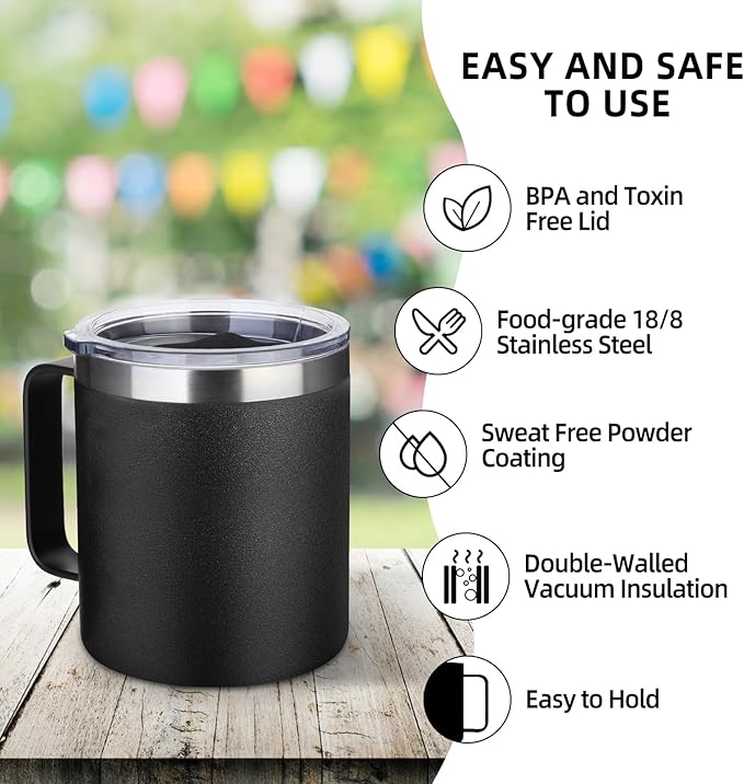 Volhoply 14oz Insulated Stainless Steel Coffee Mug with Leakproof Lid,Double Wall Vacuum Travel Coffee Cup with Handle,Reusable Metal Cups Tumbler,Camping Mugs Keep Hot/Cold,Gifts(Black,1)