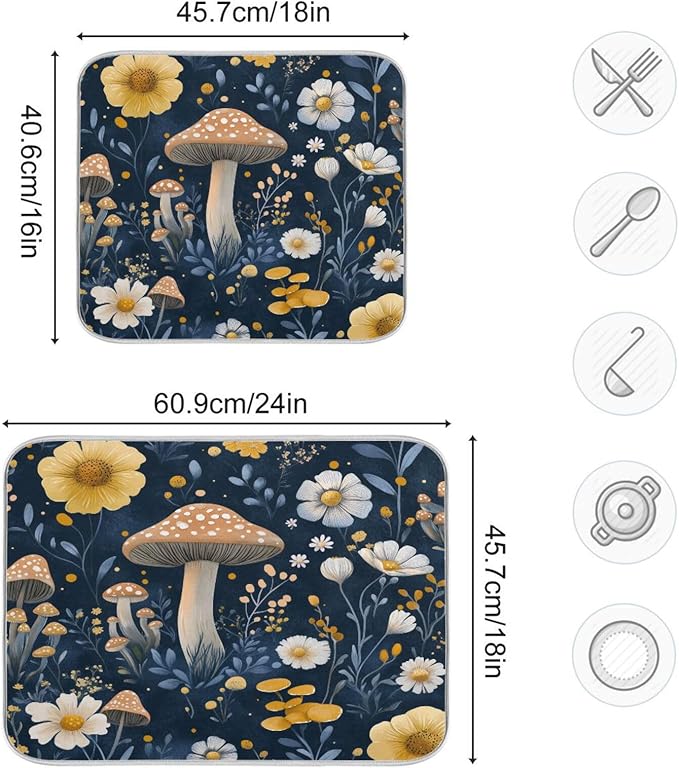 Wildflowers and Mushrooms Dish Drying Mat for Kitchen Counter Super Absorbent Dishes Pad Reversible Microfiber Protector Dish Draining Mats 18x24 inch