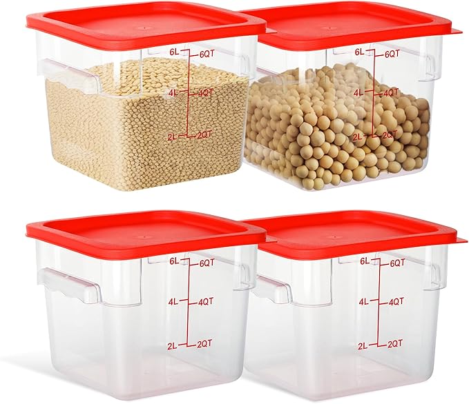 4 Pack Food Storage Containers, 6 Quart with Lids, Square Commercial Containers with Scale, Clear NSF Food Organizing, Polycarbonate