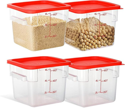 4 Pack Food Storage Containers, 6 Quart with Lids, Square Commercial Containers with Scale, Clear NSF Food Organizing, Polycarbonate