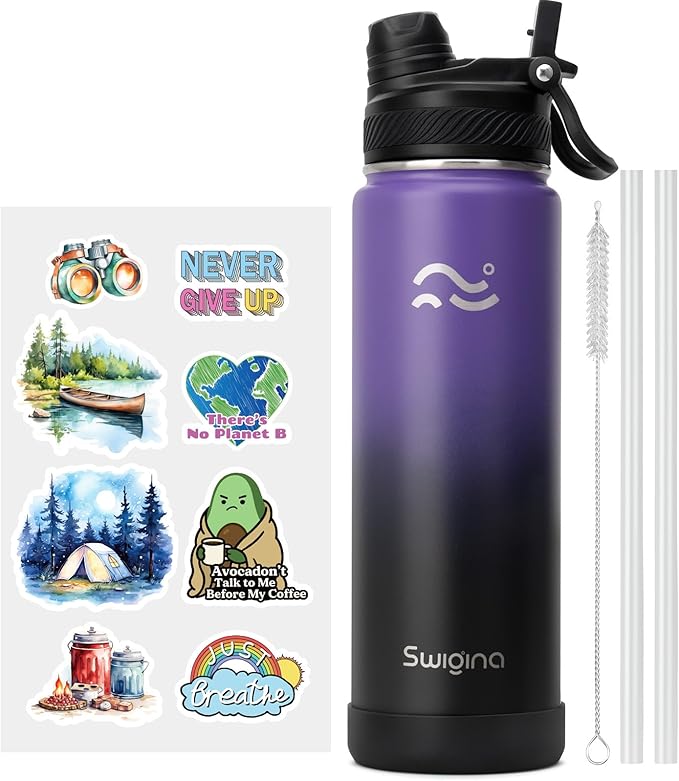 [2-IN-1 LID] Insulated Water Bottle with Silicone Boot (36hrs Cold/18hrs Hot) - DIY Stickers, Leakproof, BPA Free, 24 oz